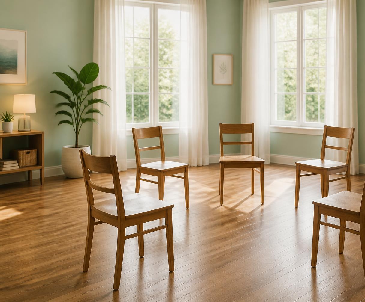 A circle of empty wooden chairs in a bright room with tall windows