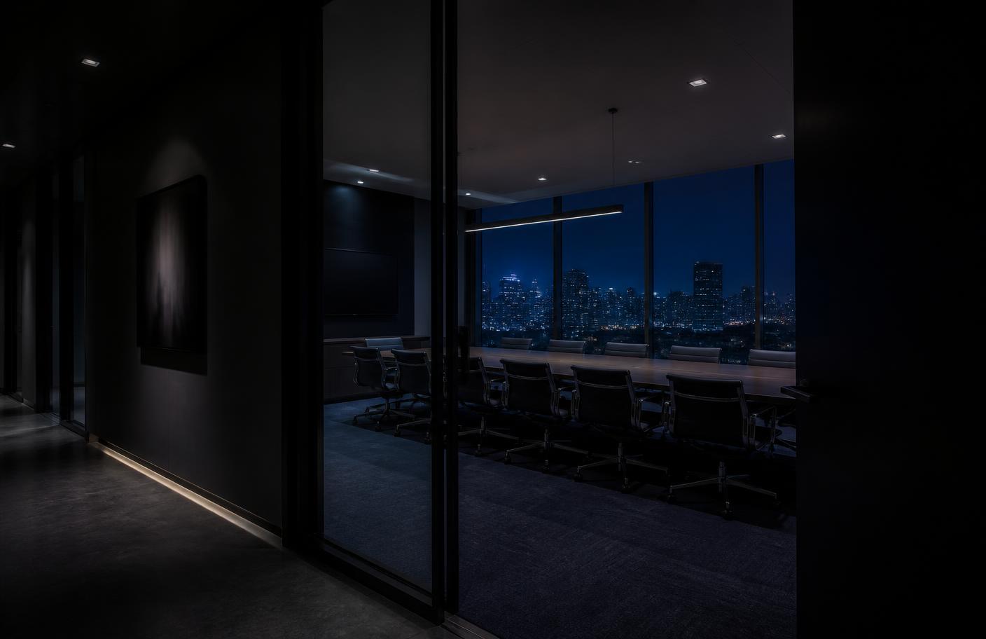A dark conference room with a long table and empty chairs
