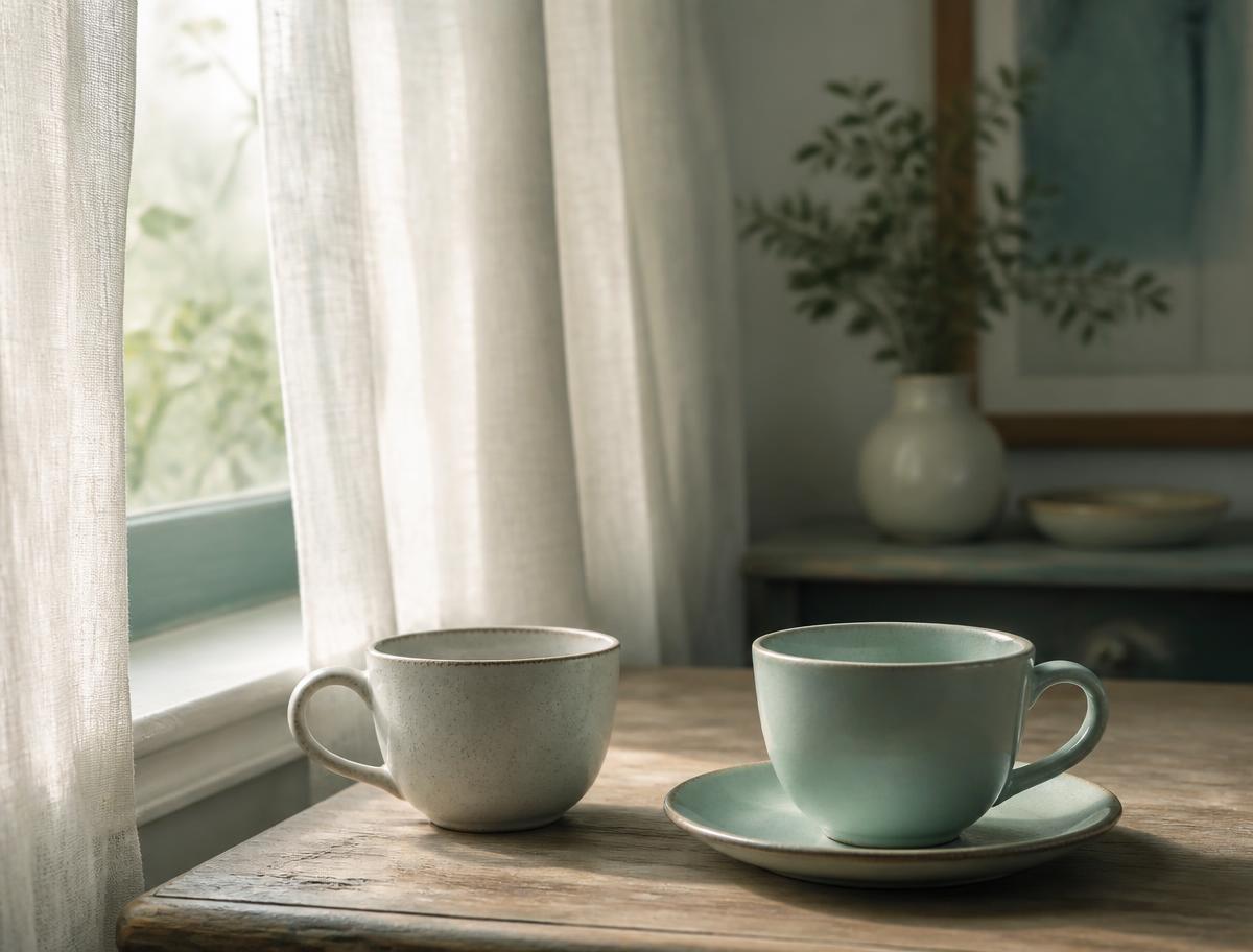 Two ceramic cups on a wooden table in soft morning light by a curtained window